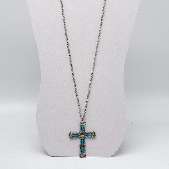 Vintage Turquoise Inlay Resin Silver-Tone Cross Pendant Necklace - Picture 2 of 6